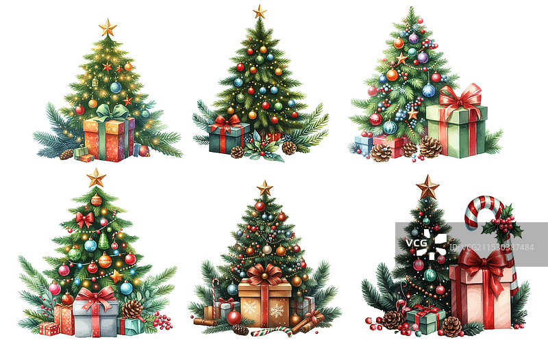 水彩圣诞树在礼物盒下的图像图片素材