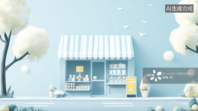 【AI数字艺术】蓝色调的温馨街边小店图片素材
