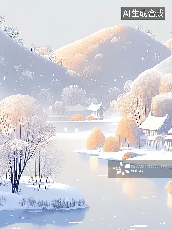 【AI数字艺术】冬天大雪中国风山水村庄雪景图片素材