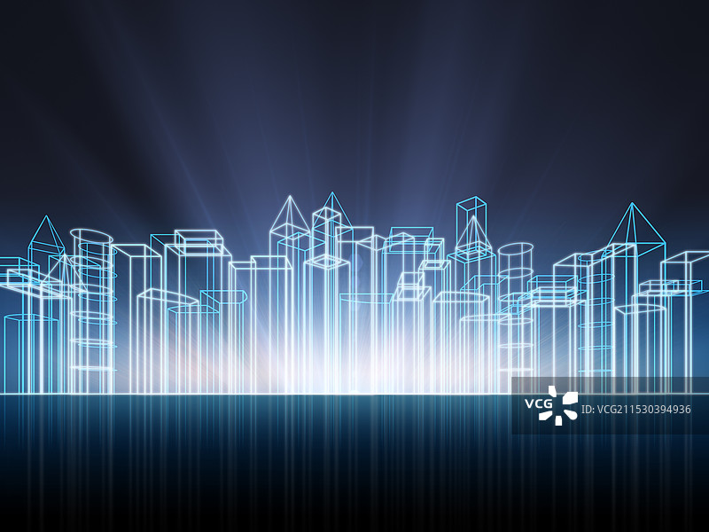 由耀眼光芒和白色线条构成的建筑群图片素材