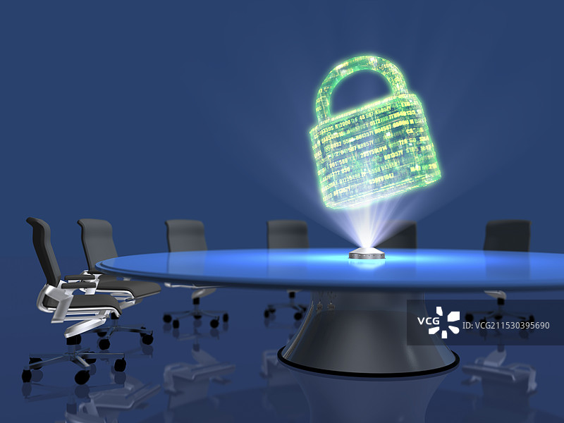 在会议桌上投影钥匙的全息图图片素材