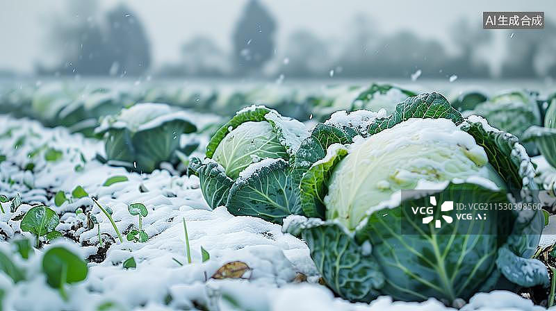 【AI数字艺术】冬季蔬菜包菜农田雪地植物种植图片素材