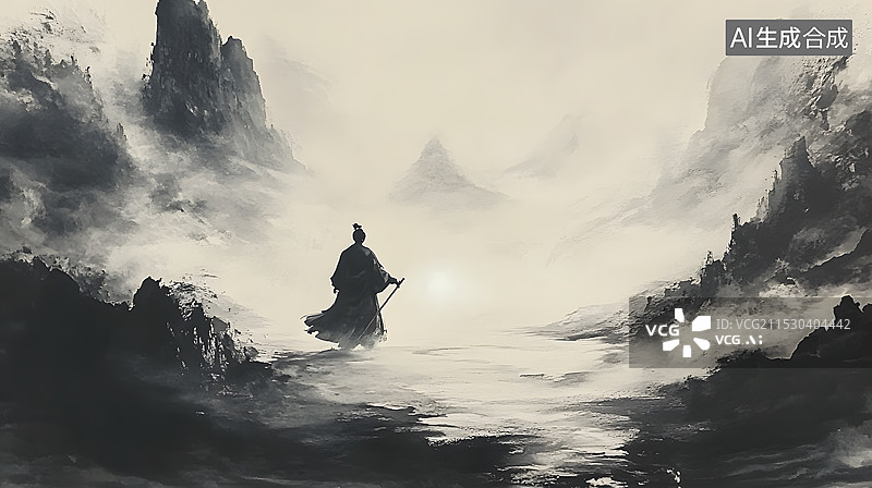 【AI数字艺术】中国风水墨高山风景插画图片素材