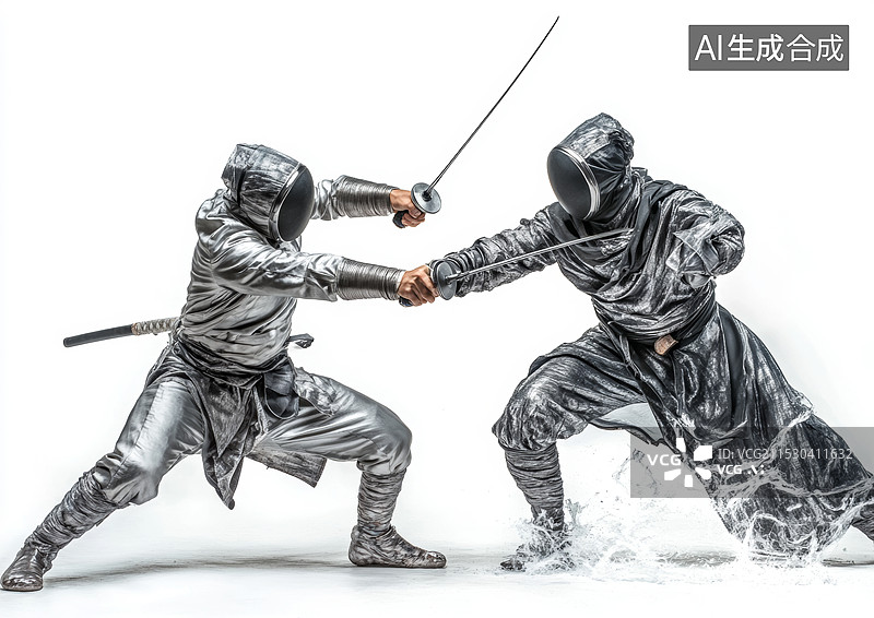 【AI数字艺术】击剑运动员在激烈的比赛中。画面充满了动感和紧张感，突显了击剑运动的速度与力量。图片素材
