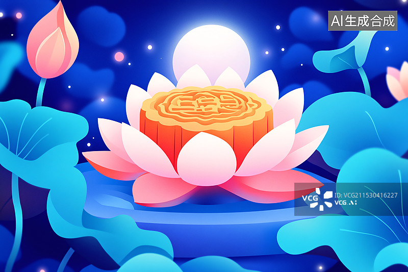 【AI数字艺术】中秋节的月亮荷花和月饼场景插画图片素材