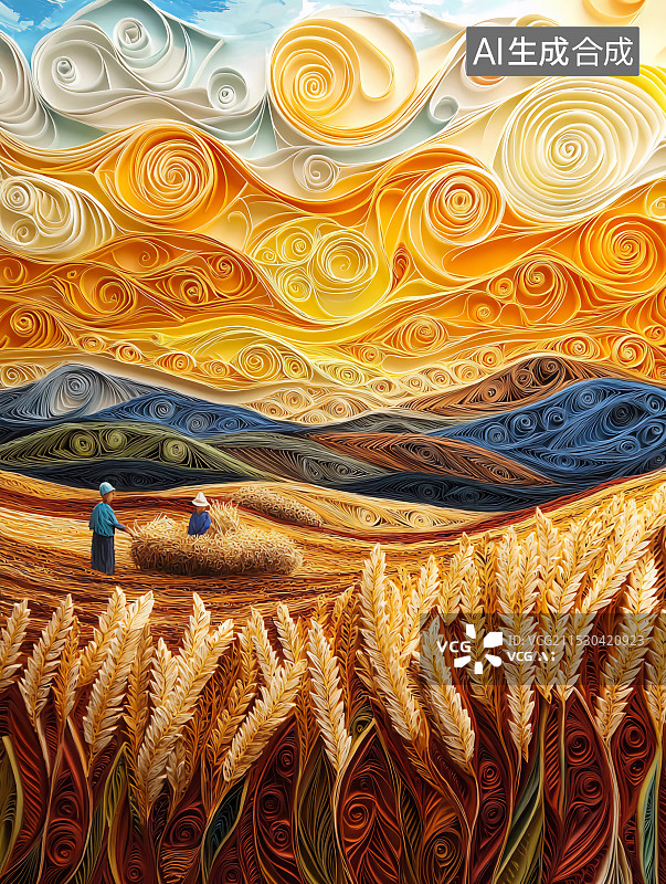 【AI数字艺术】纤维层叠画农民们开着拖拉机收获庄稼图片素材