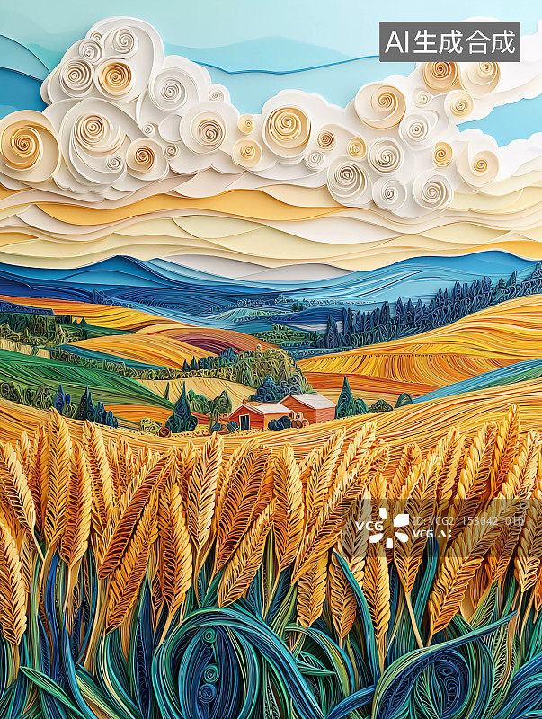 【AI数字艺术】纤维层叠画农民们开着拖拉机收获庄稼图片素材