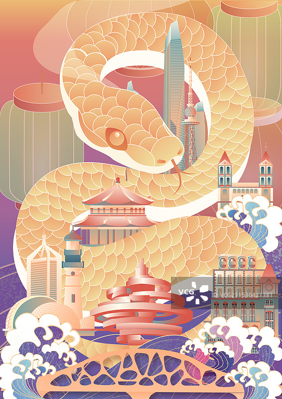青岛金蛇蛇年年城市地标建筑竖版插画图片素材