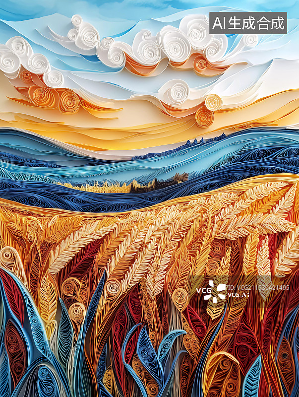 【AI数字艺术】纤维层叠画农民们开着拖拉机收获庄稼图片素材