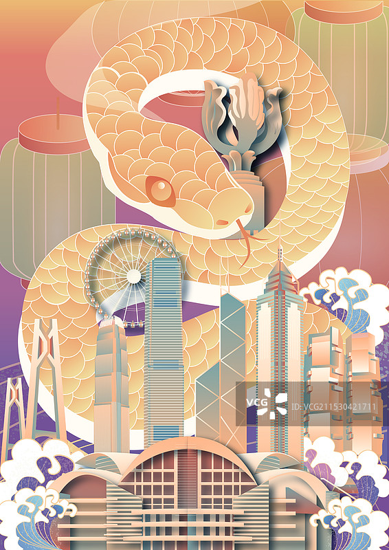 香港金蛇蛇年年城市地标建筑竖版插画图片素材