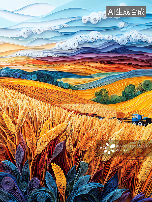 【AI数字艺术】纤维层叠画满是金色的麦田的野外风景图片素材