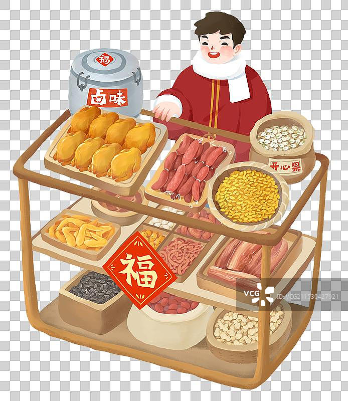 春节插画年俗赶大集设计元素熟食店货摊图片素材