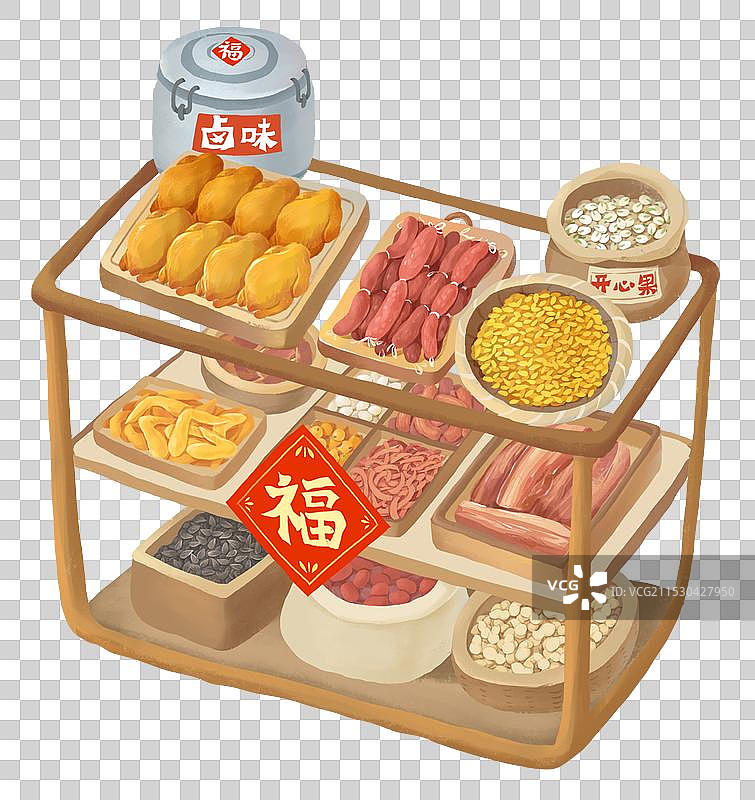 春节插画年俗赶大集设计元素熟食炒货干果年货图片素材