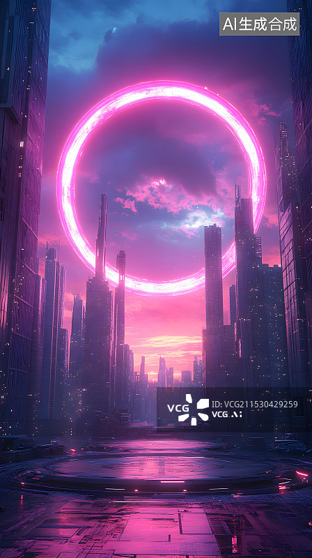 【AI数字艺术】科技赛博朋克展台城市电商海报未来构图透视 风格图片素材