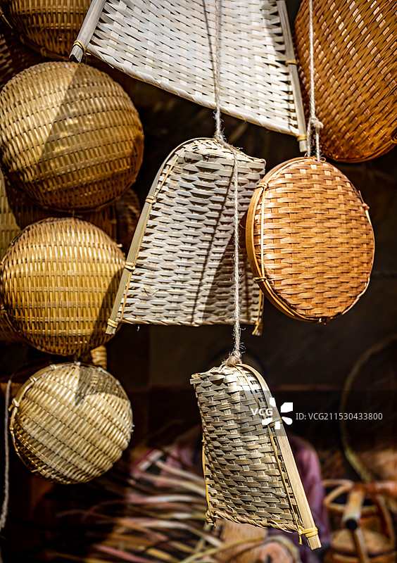 山东济宁河道总督署展示馆竹编制品展品特写镜头图片素材