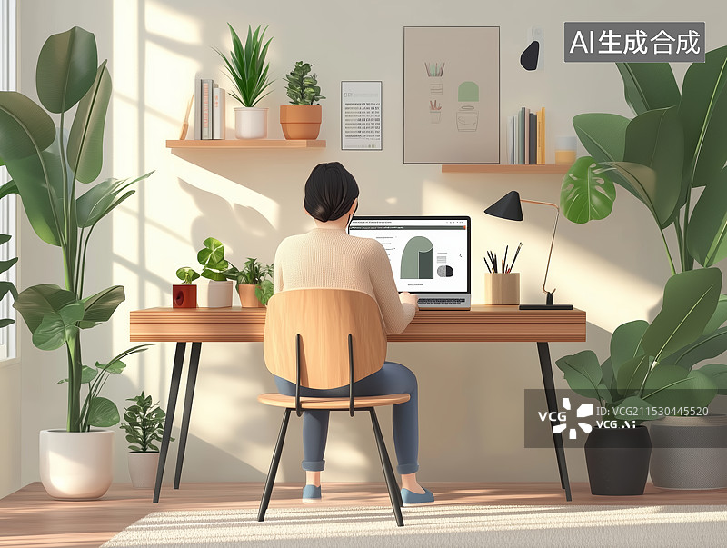 【AI数字艺术】书房居家办公场景插画图片素材