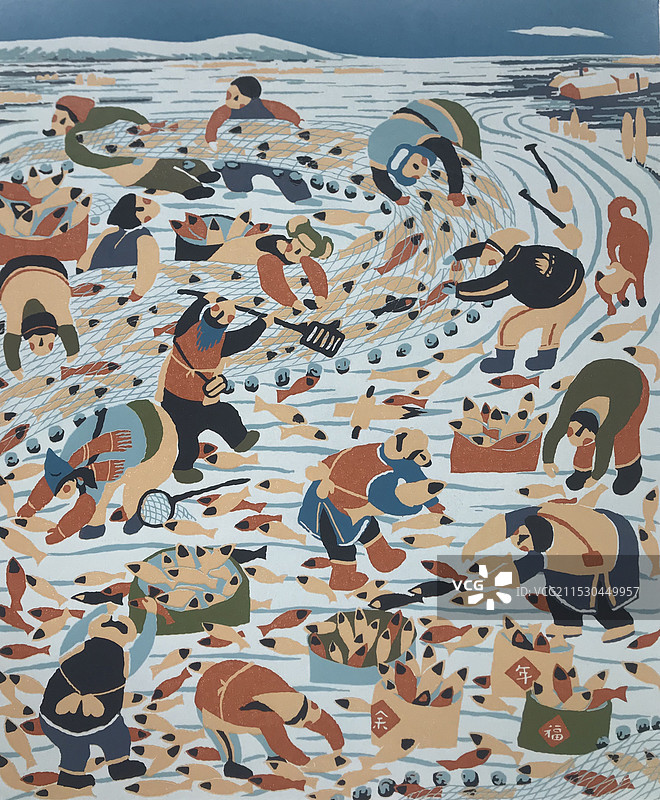《冬捕渔歌》木版图片素材