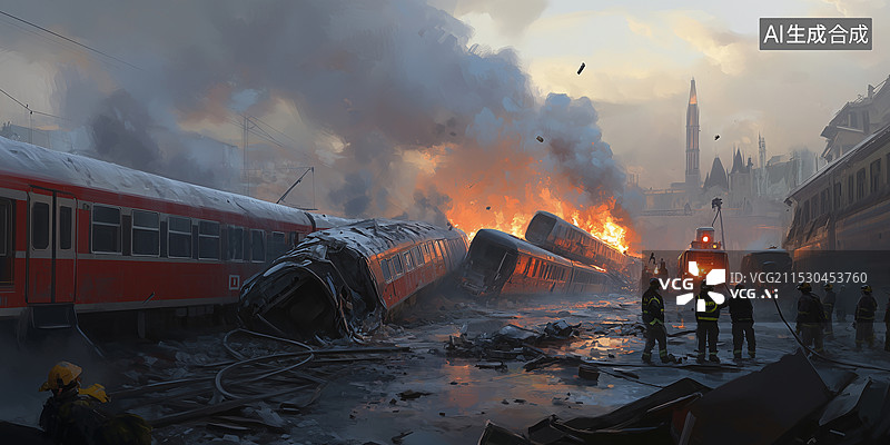 【AI数字艺术】列车脱轨后的爆炸现场，伴随严重损毁的列车车厢、浓烟滚滚，背景中有紧急救援车辆和救援人员在现场救援。真图片素材