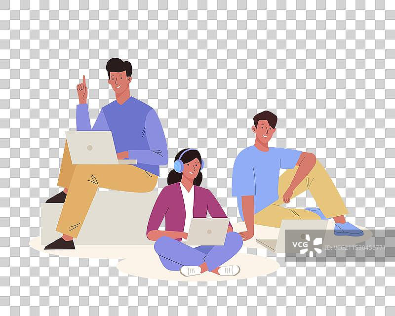 年轻人在广场上以不同姿势坐着图片素材