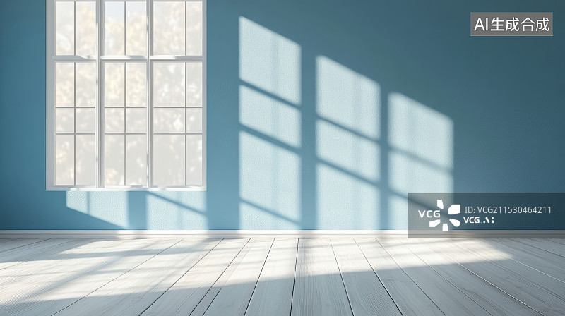 【AI数字艺术】阳光透过窗户照进蓝色墙壁和木地板的室内空间图片素材