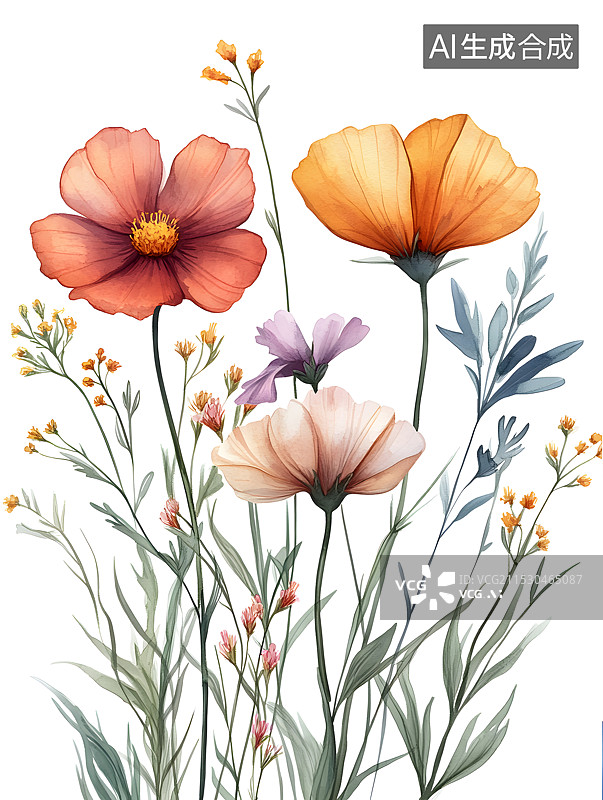 【AI数字艺术】线描水彩手绘风格常见花卉合集图片素材