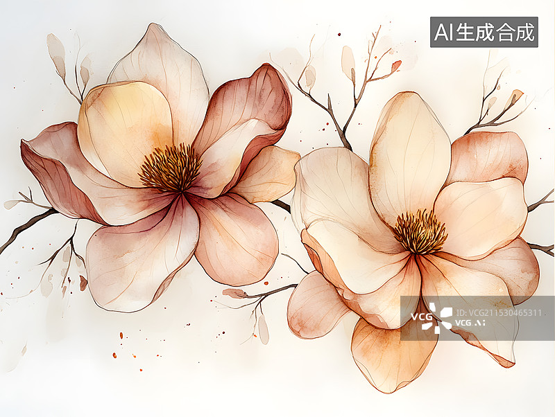 【AI数字艺术】线描水彩手绘风格常见花卉合集图片素材