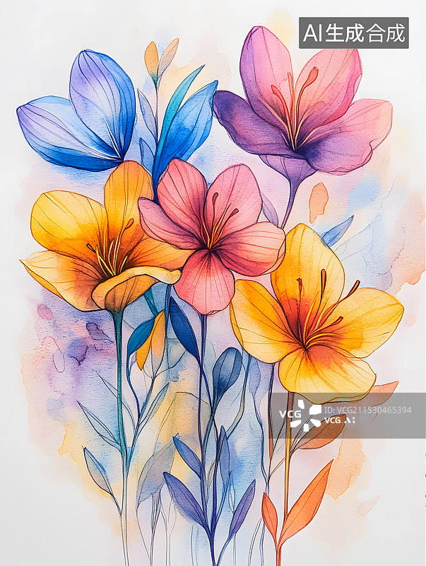 【AI数字艺术】线描水彩手绘风格常见花卉合集图片素材