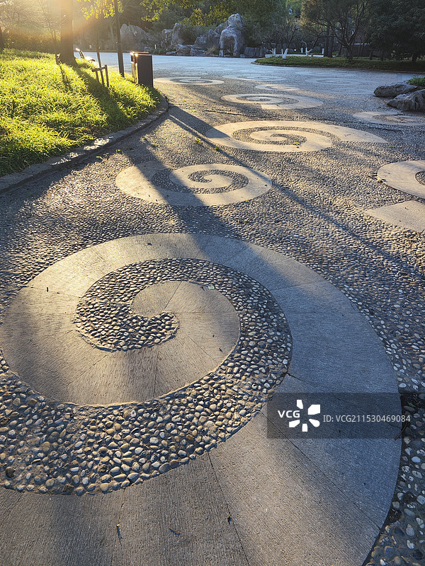 金色的阳光透过树林 贝壳花纹的地面纹理 螺旋形花纹 上海浦东世纪公园冬日暖阳图片素材