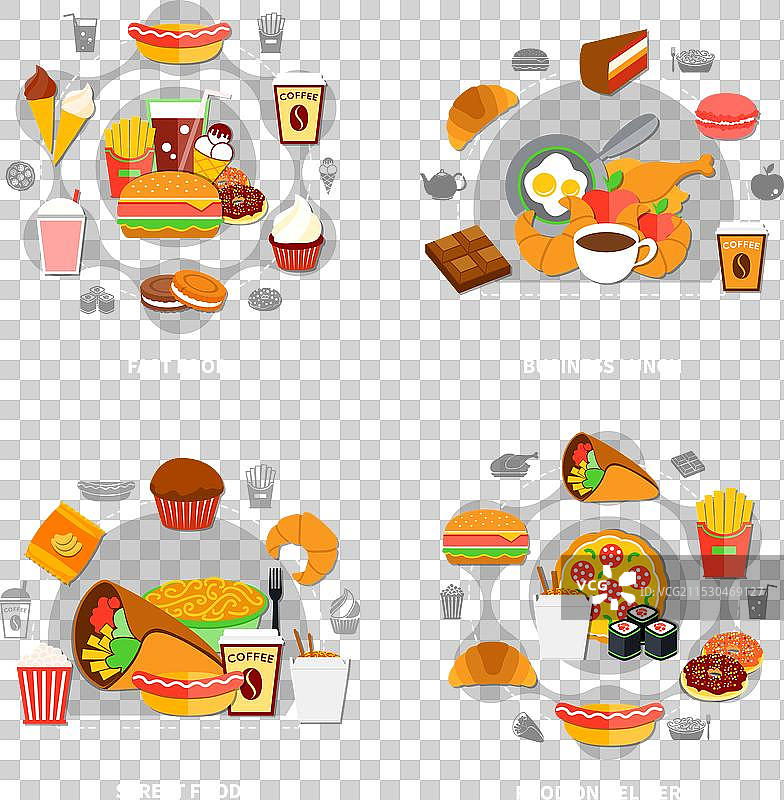 快餐四个扁平方形图标图片素材