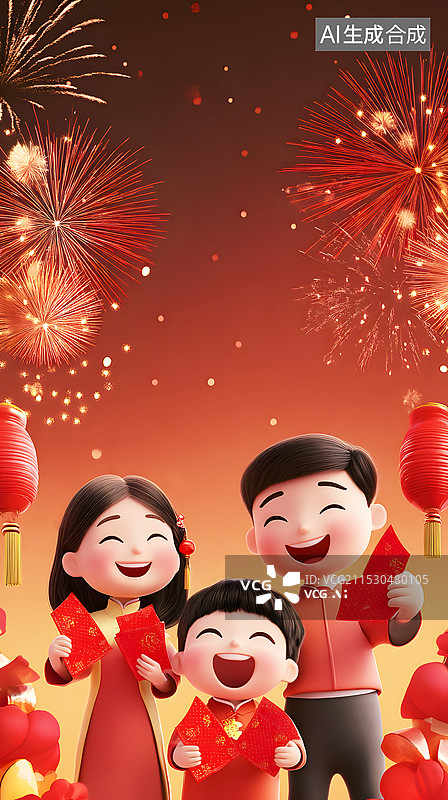 【AI数字艺术】AIGC：3D风格中国风拿着红包的卡通人物 烟花背景 春节节日场景图片素材