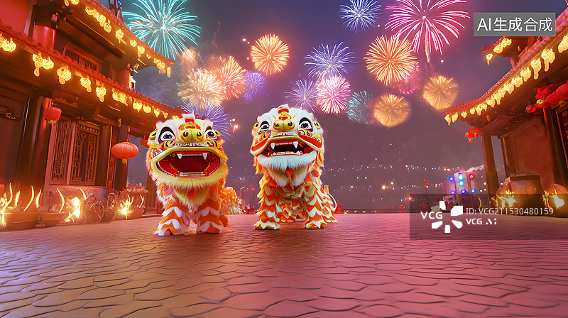 【AI数字艺术】AIGC：节日焰火烟花下的舞狮 3D春节节日场景 背景插图图片素材
