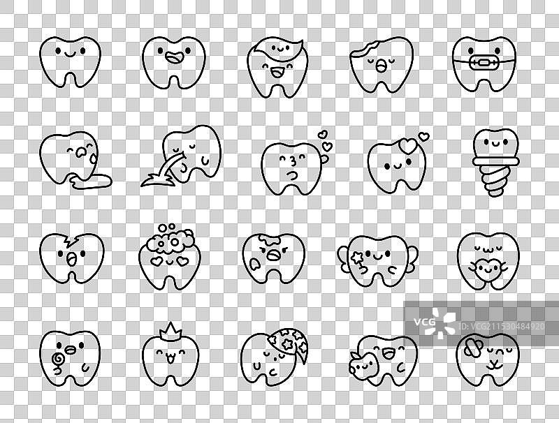 可爱的卡哇伊牙齿涂色页搞笑卡通图片素材