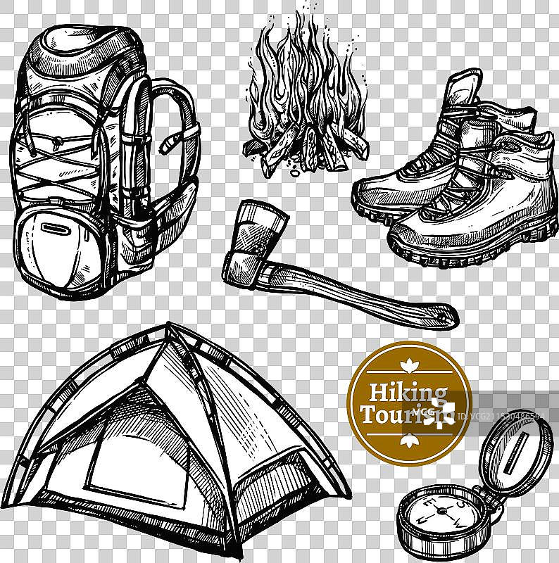 旅游露营徒步旅行素描套件图片素材
