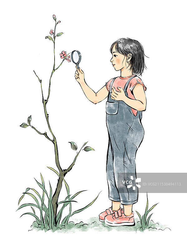 女孩拿着放大镜探索世界，手绘水彩风格素材。图片素材