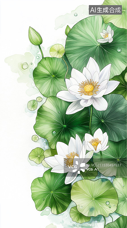 【AI数字艺术】水粉睡莲插画，展现其在池塘中优雅舒展之态，粉色花朵、绿叶相衬，静谧而梦幻。图片素材