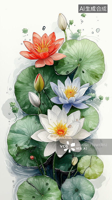 【AI数字艺术】水粉睡莲插画，展现其在池塘中优雅舒展之态，粉色花朵、绿叶相衬，静谧而梦幻。图片素材