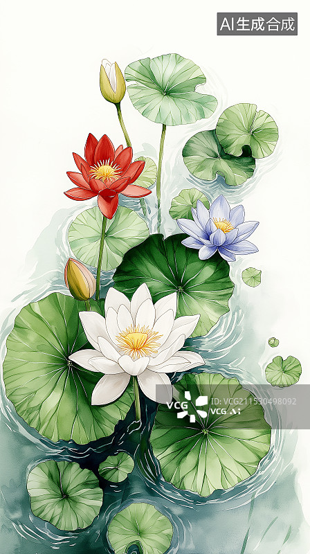 【AI数字艺术】水粉睡莲插画，展现其在池塘中优雅舒展之态，粉色花朵、绿叶相衬，静谧而梦幻。图片素材