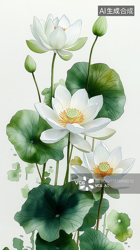 【AI数字艺术】水粉睡莲插画，展现其在池塘中优雅舒展之态，粉色花朵、绿叶相衬，静谧而梦幻。图片素材