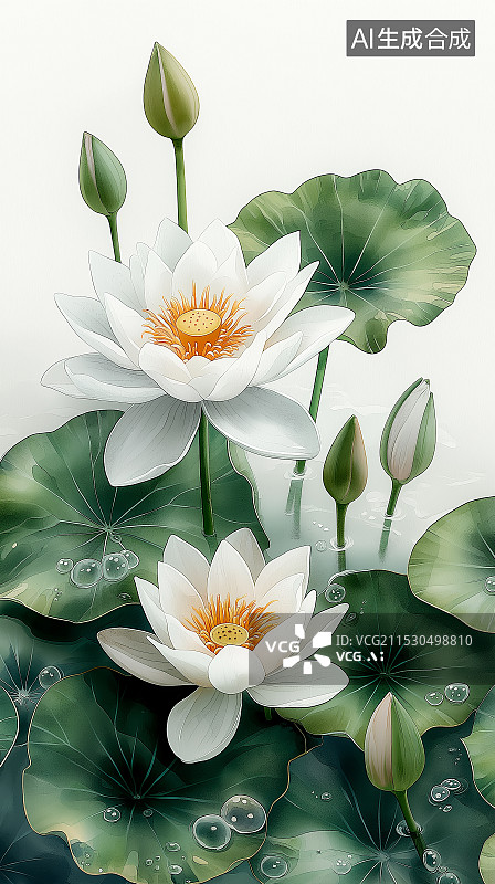 【AI数字艺术】水粉睡莲插画，展现其在池塘中优雅舒展之态，粉色花朵、绿叶相衬，静谧而梦幻。图片素材