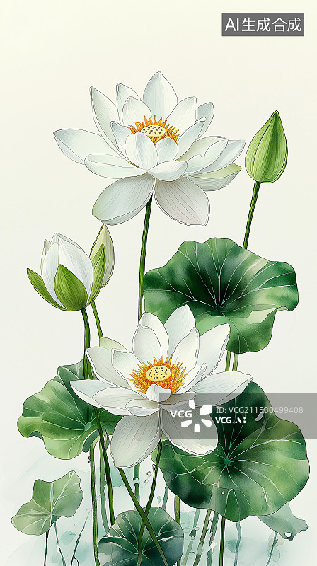 【AI数字艺术】水粉睡莲插画，展现其在池塘中优雅舒展之态，粉色花朵、绿叶相衬，静谧而梦幻。图片素材