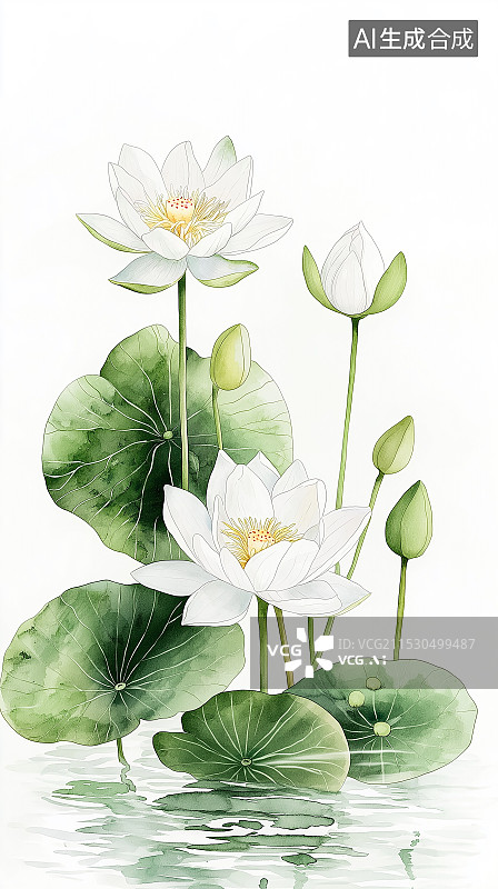 【AI数字艺术】水粉睡莲插画，展现其在池塘中优雅舒展之态，粉色花朵、绿叶相衬，静谧而梦幻。图片素材