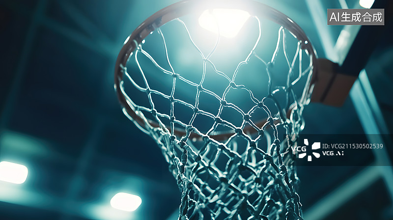 【AI数字艺术】低视角篮球投入篮筐的瞬间图片素材