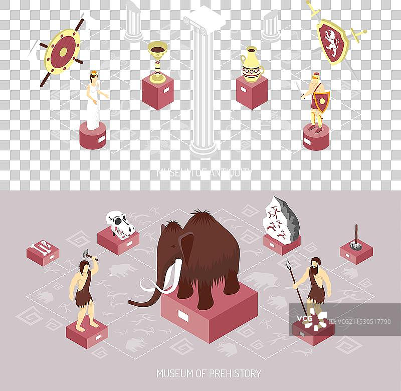 古代博物馆2个等距横幅套装图片素材