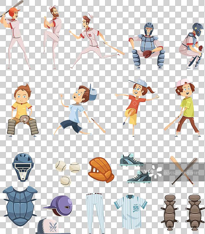 复古风格的棒球卡通图标集图片素材