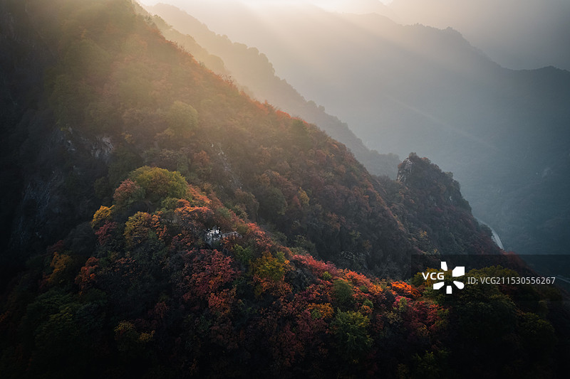 秦岭翠华山满山秋天黄叶红枫叶图片素材