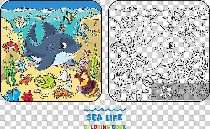 海洋主题鲨鱼涂色书儿童图片素材