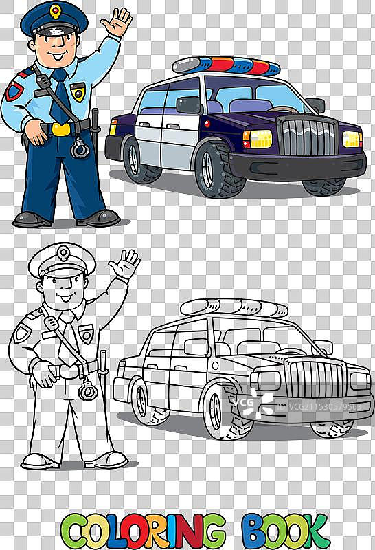 警察穿制服和警车的涂色书图片素材