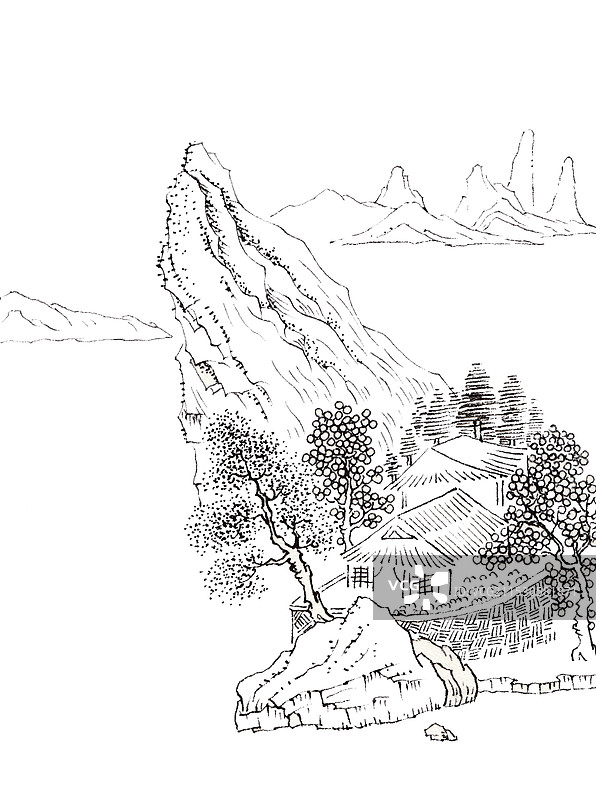 手绘插画山水画线稿图片素材
