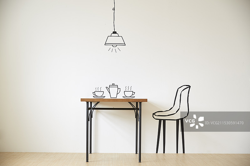 用胶带制作的茶具、椅子和吊灯图片素材