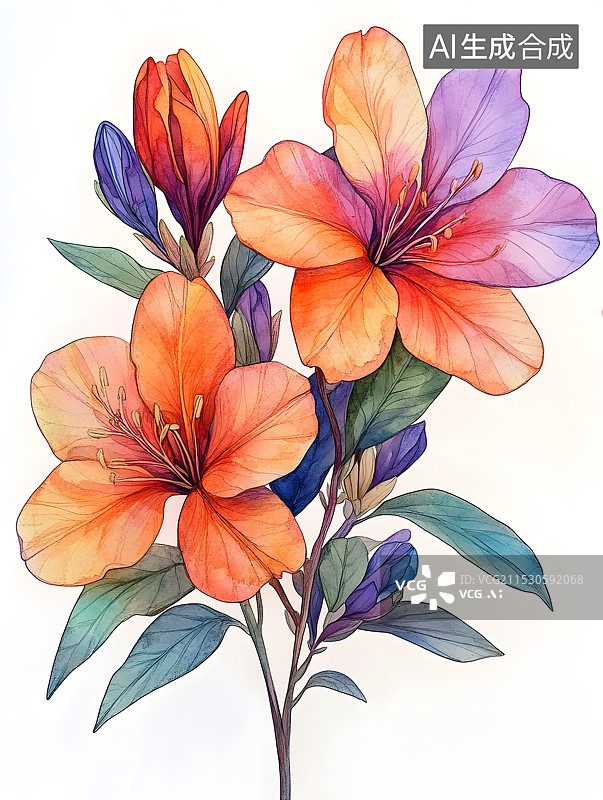 【AI数字艺术】线描水彩手绘风格常见花卉合集图片素材